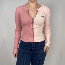 VIA PITTI Two Tone Pink Crop Double Zip Up Long Sleeve Top Ribbed Bodycon