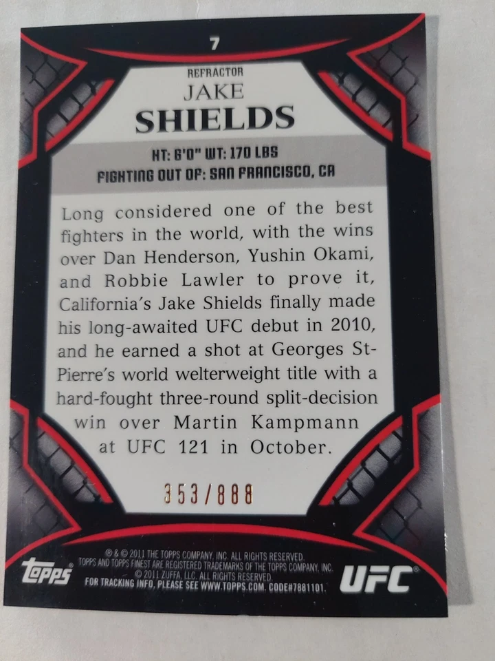 Jake Shields #7 2011 Topps UFC Finest Refractor #353/888 - Image 2 of 2