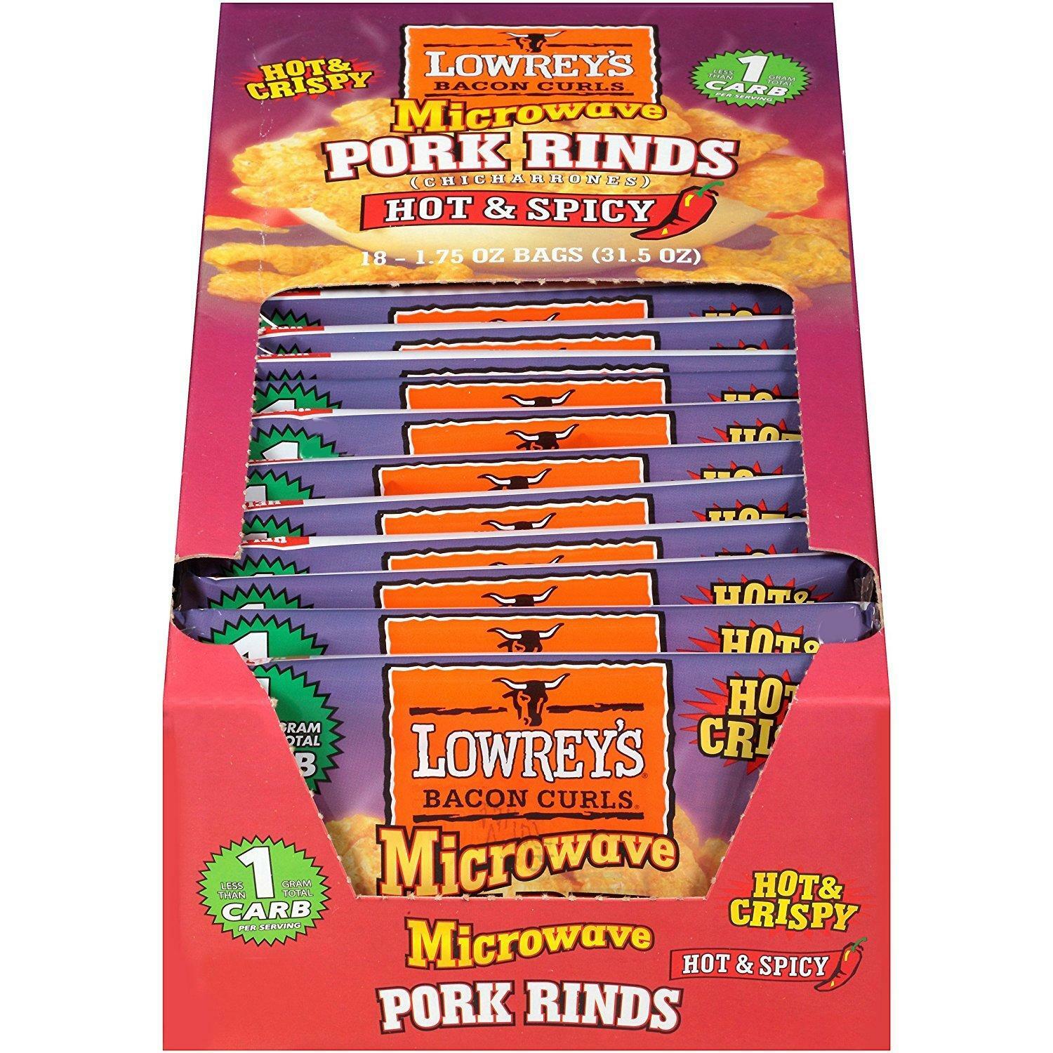 Lowrey's Bacon Curls Microwave Pork Rind Hot and Spicy 1.75 Ounce Pack