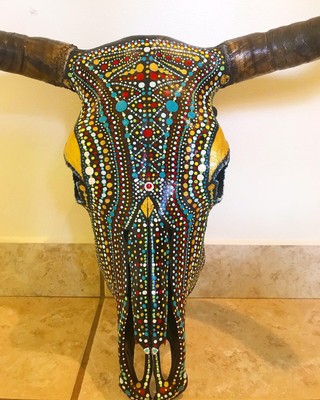 Hand Painted Cow Skull Fine Art Piece Native American Wall