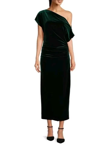 Gibson & Latimer Asymmetric One Off-the-Shoulder Sz L Green Ruched Midi Velvet 