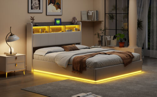Polsterbett Weiß 160x200cm Doppelbett LED Stauraumbett Kopfteil mit Staufächern - Bild 10 von 11