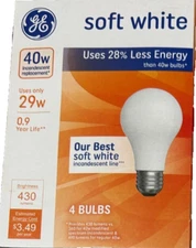 GE - Soft White - 40 W (uses 29 w) - Light Bulbs - 1 Packs/4 Bulbs