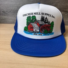 Vintage Fischer Mill Supply Hat Cap Snap Back Blue Rope Trucker Adjustable
