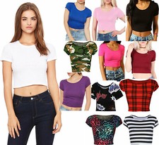 Womens Cap Sleeve Crop Top Ladies Round Neck Stretch Plain Printed Vest T-Shirt