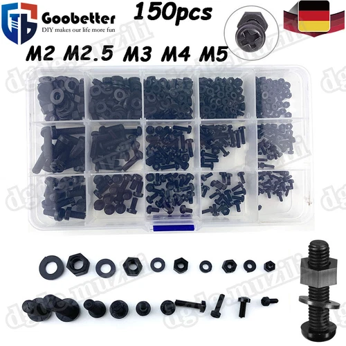 150tlg Nylon Kreuzschlitz Schrauben Muttern Unterlegscheiben Sortiment Set M2-M5