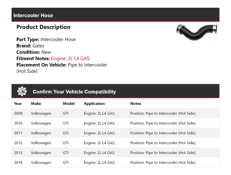 Puertas de manguera intercooler para Volkswagen GTI 2009-2014 2010 2011 2012 2013 Foto 2 de 4