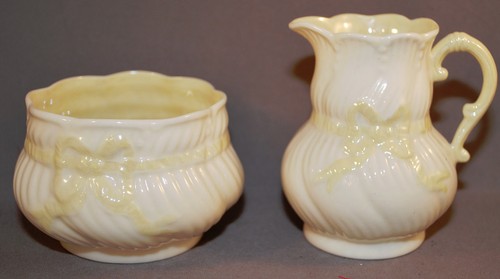 VTG BELLEEK SHELL COB LUSTRE CREAMER AND SUGAR BOWL Green Mark Ireland 0857 - Picture 2 of 6