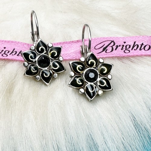 Brighton Garden of Eden Black Crystal Flower Hook Drop Silver Plate Earrings - Picture 6 of 6