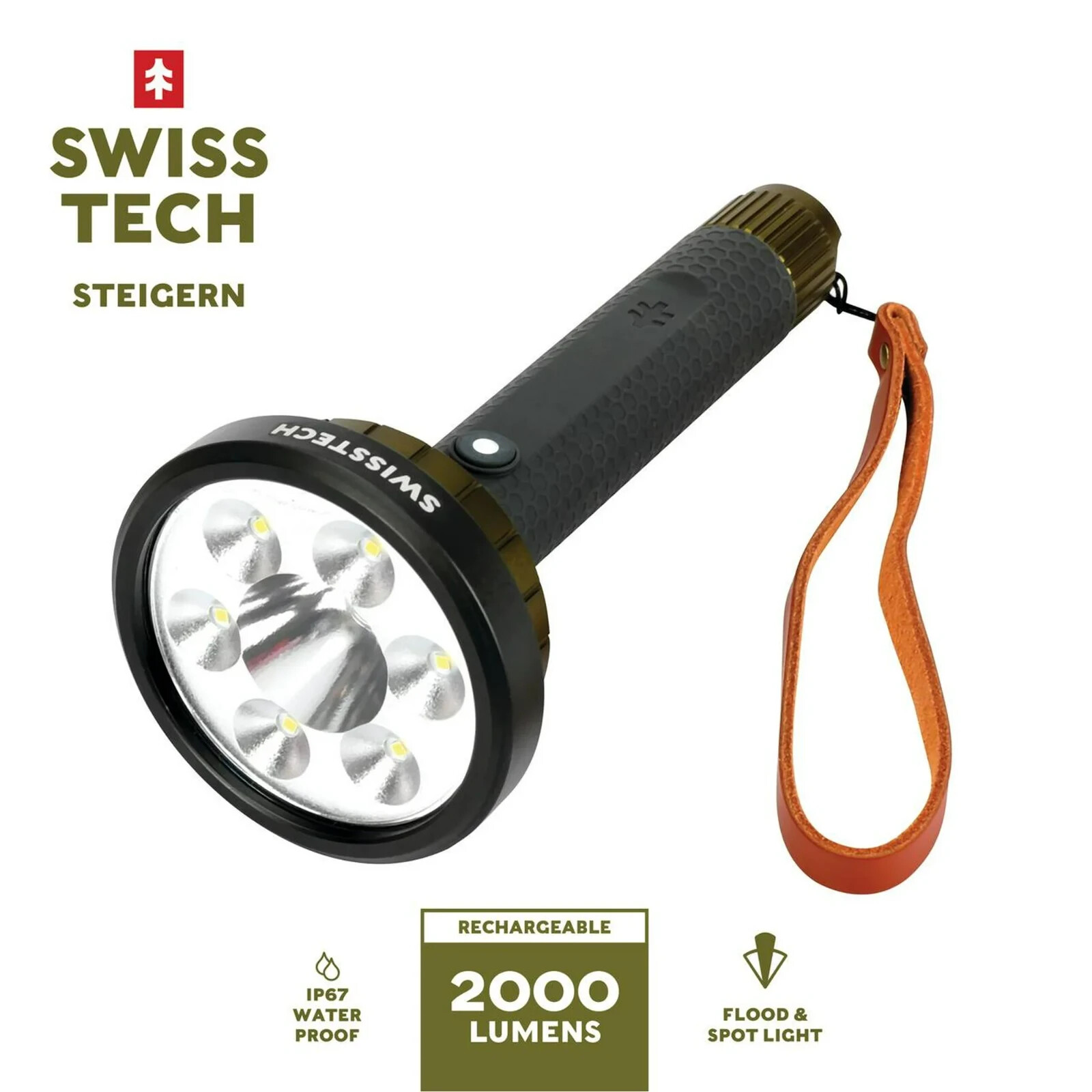 Swiss Tech Steigern 2000 Lumen LED Rechargeable Flashlight, IPX7 Waterproof, Dig