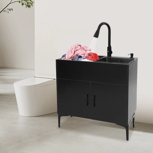 Armário de pia utilitário de aço inoxidável com pia com torneira flexível pia de lavanderia - Imagem 3 de 4