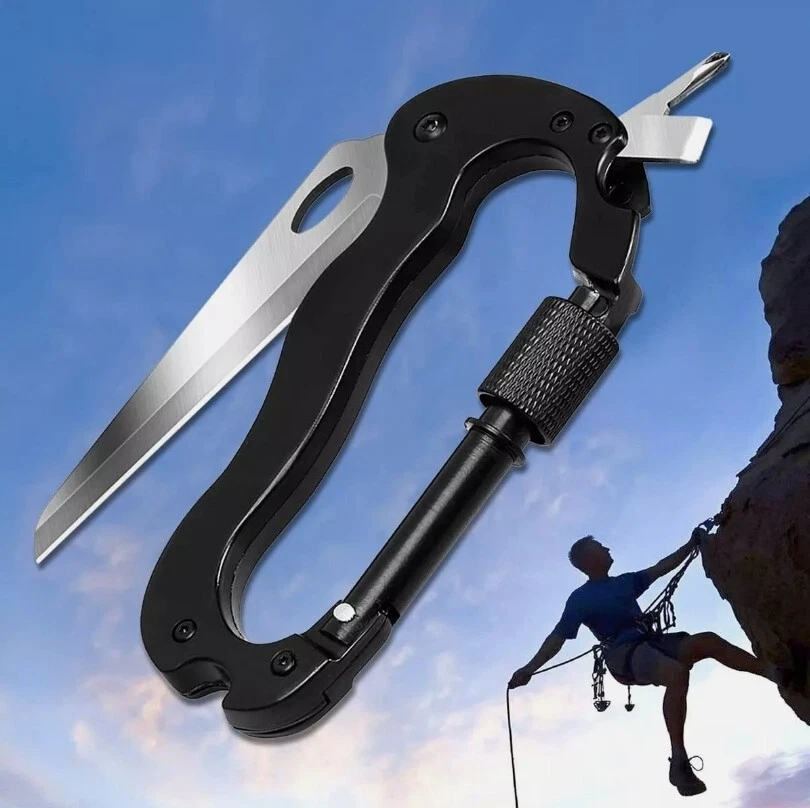 Compact Multi-Tool Carabiner Keychain with Screwdriver & Knife for Camping EDC Survival