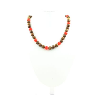 Steine und Mineralien. Perlenkette Chalcedon rot + Holz 8 mm Stahlkette