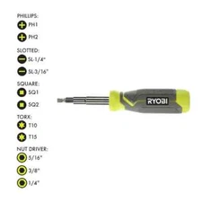 NEW Ryobi Multi-Bit 11in1 Screwdriver Cushion Grip Handle Bits and Nut Drivers