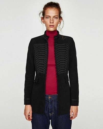 A733 ZARA MOLESKIN FROCK BLACK MILITARY TOGGLES COAT BLAZER JACKET - L - Afbeelding 7 van 17