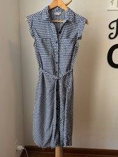 Short Sleeve Button Front Midi Dress Classic Blue Geometric Belted Size Small