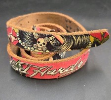 Ed Hardy Leather Belt Pink Rhinestones Embroidered Tattoo Skull Bones Y2K 43"