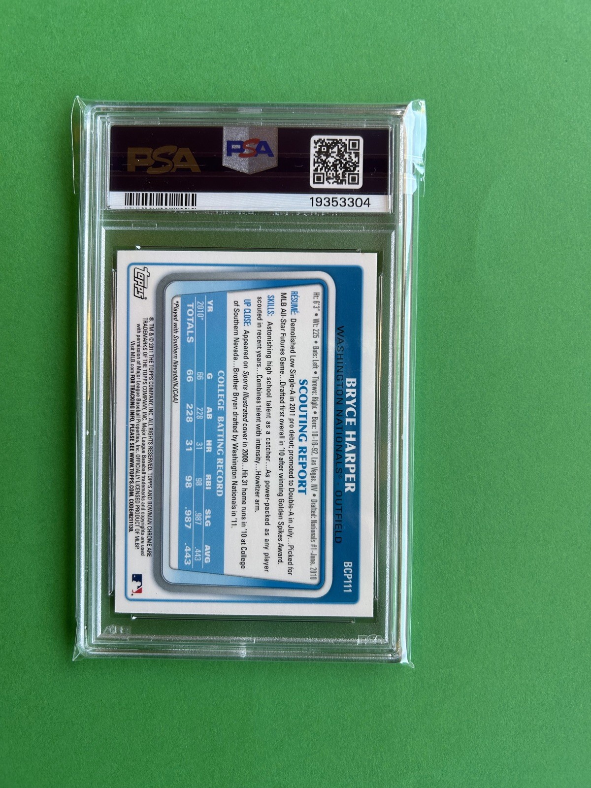 2011 Bowman Chrome Prospects BRYCE HARPER BCP111 Green XFractor PSA 10 Rookie RC view 2