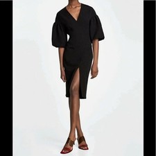 ZARA Puff Sleeve V Neck Front Split Mini Dress Black Size XS