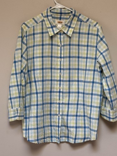 TALBOTS Womens Button Linen Cotton Shirt Large Plaid Blue Yellow - Picture 2 of 8