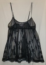 Vintage Victoria's Secret Black Mesh Babydoll Lingerie Embroidered Floral Medium