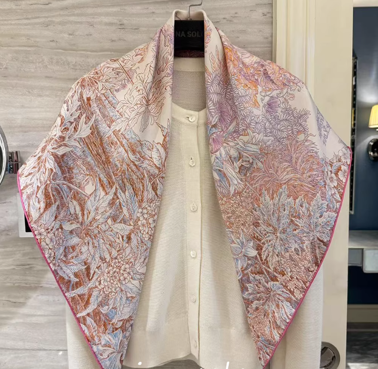 Pure 18 Momme Silk Wrap Scarf Bandanna Pink oil painting Print Square Shawl 34''