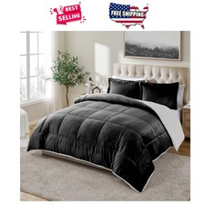 Full Comforter Set Reversible Micromink Sherpa Black 3 Piece Ultra Soft Bedding