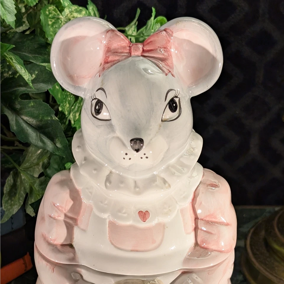 Large Vintage Pink Girl Mouse w/ Teddy Bear Ceramic Lidded Cookie Jar, 1990 Gift - Image 2 of 4