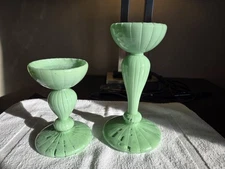 Vtg. blown glass candleholders; seafoam green graduated set.