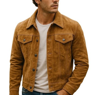 Men s Vintage Brown Moto Style Genuine Suede Leather Trucker Classic Jacket