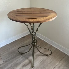 Vintage Rustic Green Wrought Iron Base Wooden Top Bistro Table 26” Tall x 19.5”W