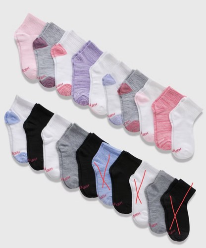 Hanes Girls' Ankle Socks White Pink Grey 17 Pair Pack New Back to School
