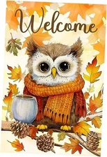  Welcome Fall Cute Scarf Owl Maple Leaves Decoration Garden Flag(12" x 18")