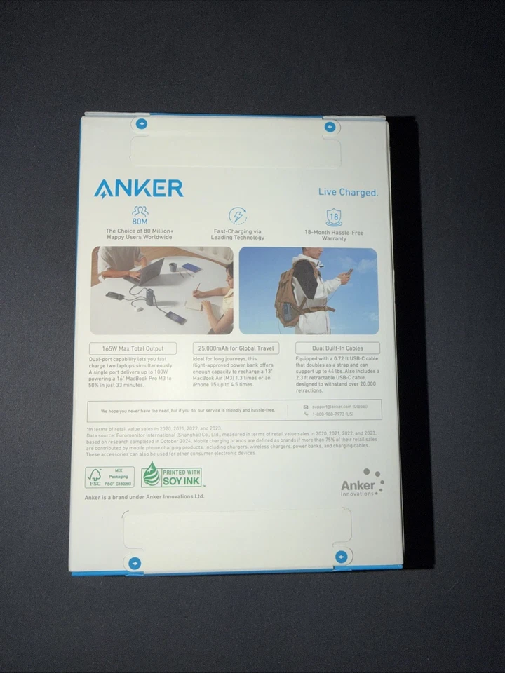 Banco de alimentación para portátil Anker (25K, 165W, cables incorporados y retráctiles) NUEVO EN CAJA Foto 2 de 3