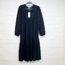 Boden Woven Broderie Tiered Midi Dress Black Long Sleeve V-neck Boho UK Size 10