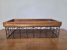 Rectangular Decorative Storage Basket Black Iron Wire And Medium Toned Wood