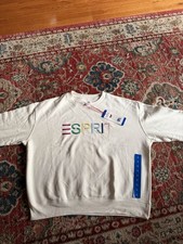 Esprit Women's L White Embroidered Logo Crew Neck Cotton Fleece Pullover