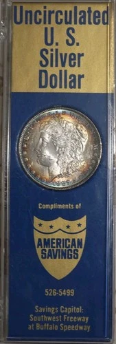 1887 Morgan Silver Dollar Brilliant Uncirculated American Savings  Holder Toned