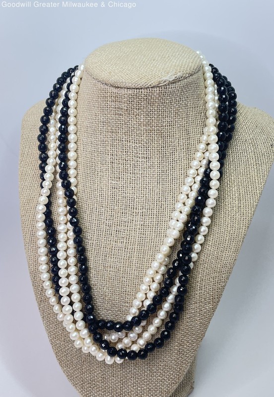 Sterling Silver Pearl & Faceted Onyx Multistrand Necklace 114.8g