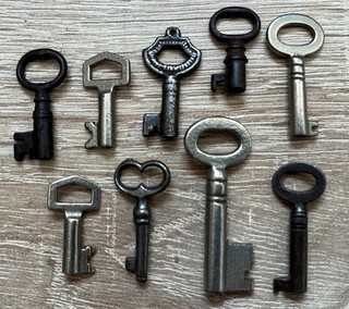 Antique vintage small keys x 9 probably iron or steel probably C19th or older