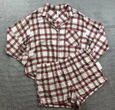 Auden Women's Size XXL Plaid Flannel Long Sleeve Top & Shorts Pajama Set Cream