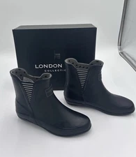 LONDON FOG Womens Piccadilly Rain Boot Black Matte Size 6M Pull-On Calf High