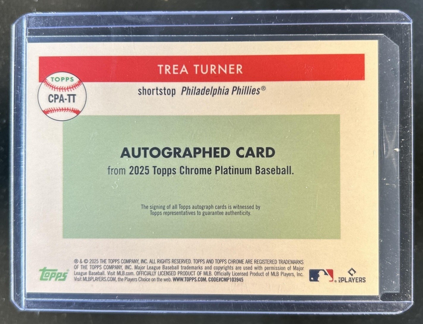 2025 Topps Chrome Platinum Trea Turner Auto Gold Refractor #/50 Phillies view 2