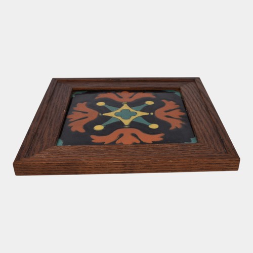 Taylor Tilery California Vintage Art Pottery Black Orange Floral Framed Tile - Picture 2 of 3