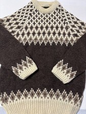Vintage Icelandic Fairisle Nordic Pure Wool Knit Small Jumper Cream & Brown 0271
