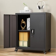 Metal Storage Cabinet w/ Wheels 31.5" H Garage Storage Cabinet with Locking Door