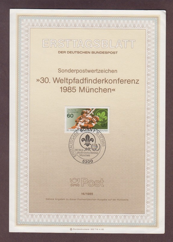 Ersttagsblatt 16/1985. World Scout Conference Munich. Weltpfadfinderkonferenz