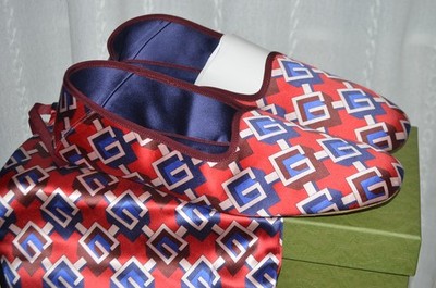 Authentic Men's Gucci Red Satin Voyage Geometric G Print Slipper 17 New $570