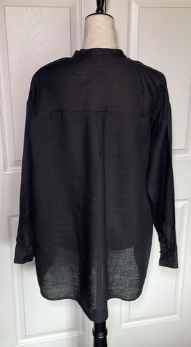 Chemise Eileen Fisher noire 100% lin manches longues boutonnée devant col bande - Photo 6/9