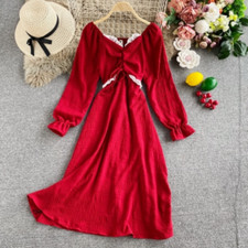 Damen Retro Puffärmel Midi Kleid Eckiger Ausschnitt Rüsche A-Linie Plissiert Süß